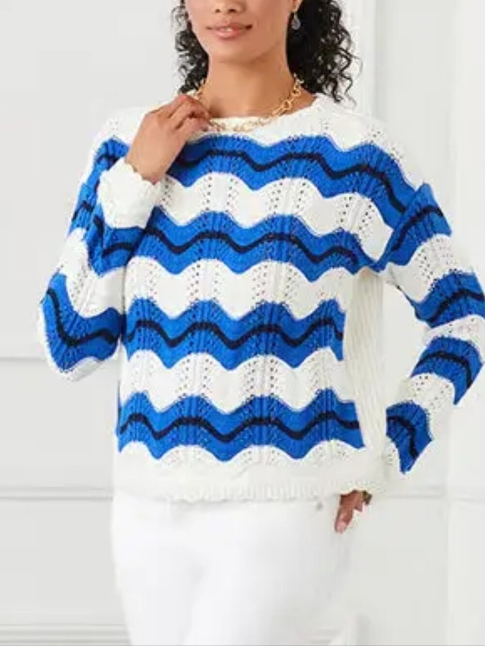 NWOT Karen Kane White Sweater with Royal and Navy Blue Wave Stripes